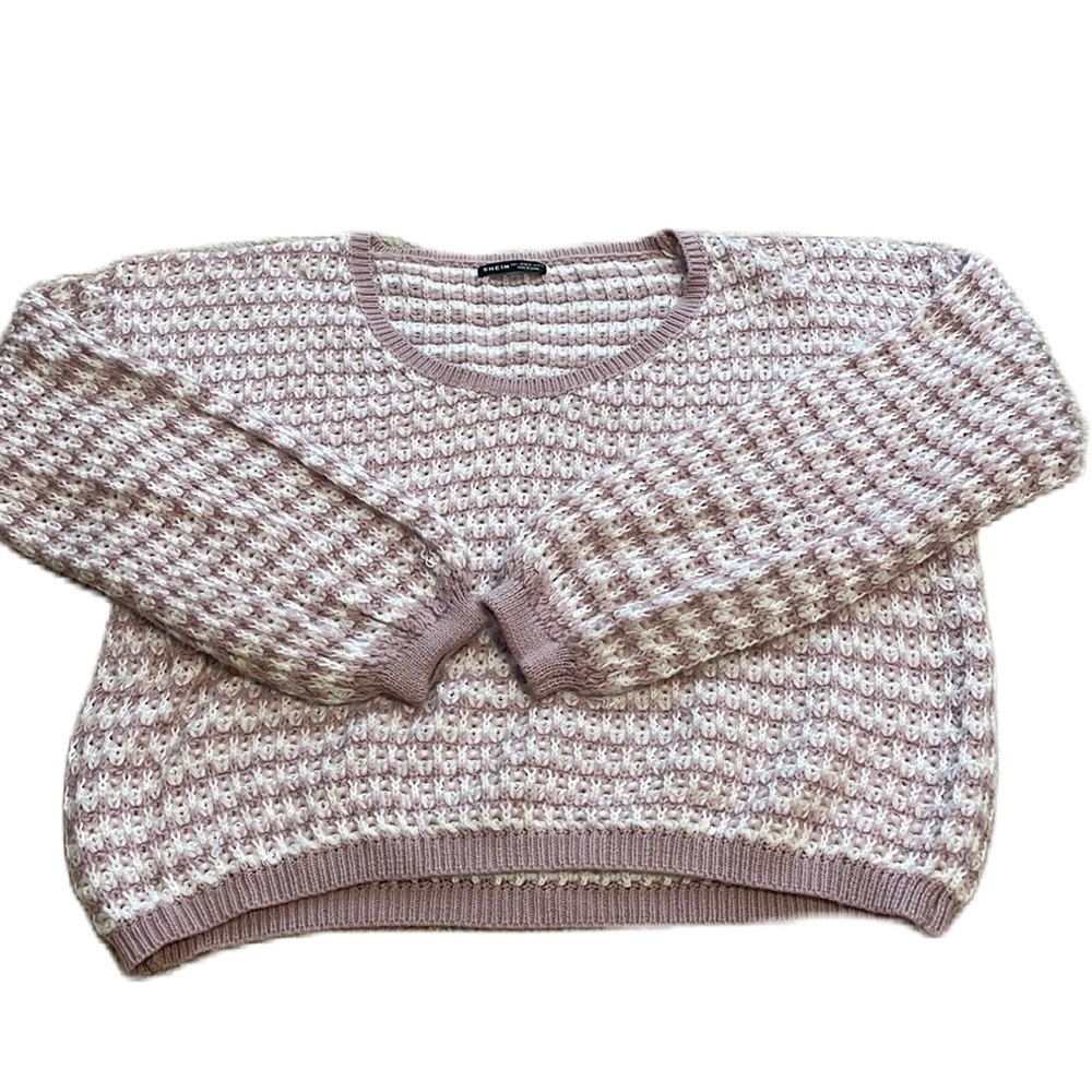 Shein L pink and white striped round neck pullover sweater